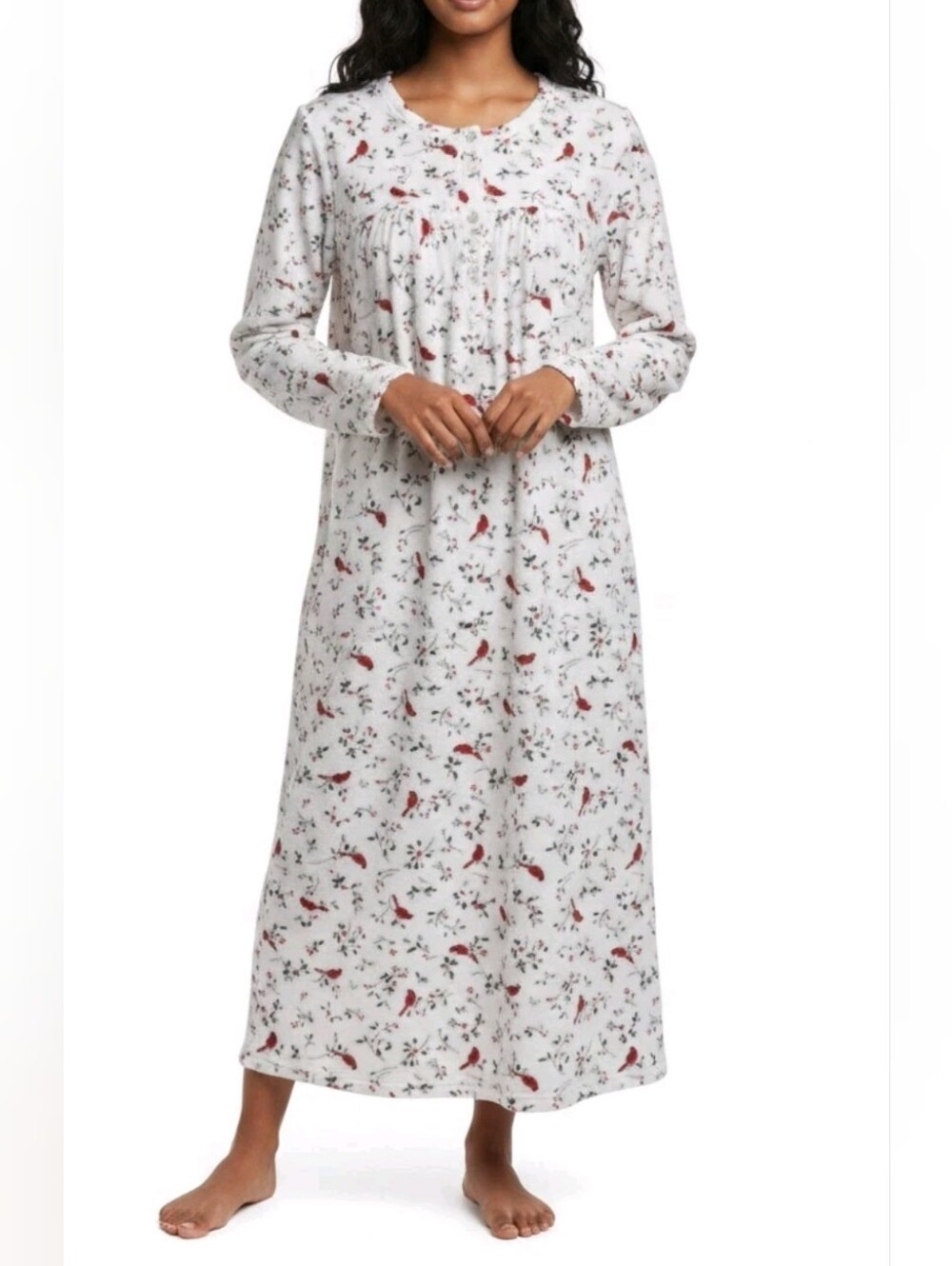 Aria White Red Cardinal Long Sleeve Velour Plush Nightgown Dress XL 16-18